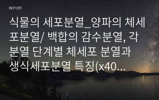 식물의 세포분열_양파의 체세포분열/ 백합의 감수분열, 각 분열 단계별 체세포 분열과 생식세포분열 특징(x400관찰 사진有), 핵과 염색체 관찰, 중기세포의 빈도 계산