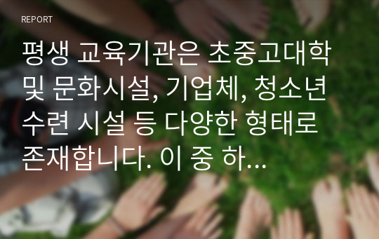 평생 교육기관은 초중고대학 및 문화시설, 기업체, 청소년 수련 시설 등 다양한 형태로 존재합니다. 이 중 하나를 선택하여 그 중요성과 개선방안에 관해 서술해 주세요.