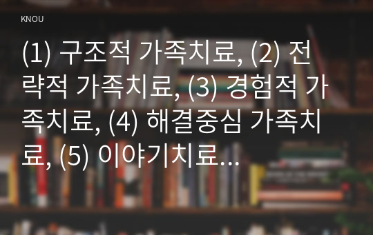 (1) 구조적 가족치료, (2) 전략적 가족치료, (3) 경험적 가족치료, (4) 해결중심 가족치료, (5) 이야기치료 이론의 기본 원리, 치료 목표, 개입 기법을 설명하고, 어떤 상황에서 각 치료 이론의 개념과 개입기법이 잘 적용될 수 있는지 예를 들어 설명하시오(70점).