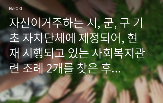 자신이거주하는 시, 군, 구 기초 자치단체에 제정되어, 현재 시행되고 있는 사회복지관련 조례 2개를 찾은 후 찾은 조례의 제정 목적 및 조례 내용을 간략하게 요약 기술하고, 각 조례의 문제점과 개선방안 등에 대한 자신의