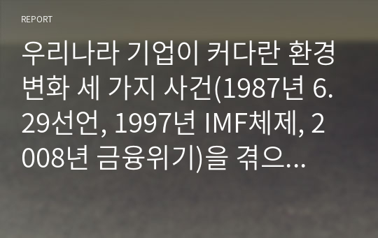 우리나라 기업이 커다란 환경변화 세 가지 사건(1987년 6.29선언, 1997년 IMF체제, 2008년 금융위기)을 겪으면서 인적자원관리가 어떻게 변화했는지 본인의 생각을 포함하여 서술하시오.