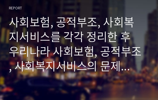 사회보험, 공적부조, 사회복지서비스를 각각 정리한 후 우리나라 사회보험, 공적부조, 사회복지서비스의 문제점을 각각 사례를 들어 설명하시오.