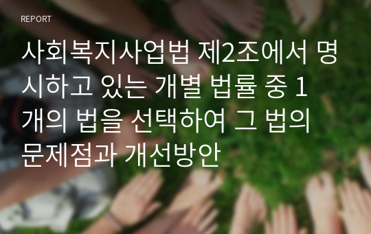 사회복지사업법 제2조에서 명시하고 있는 개별 법률 중 1개의 법을 선택하여 그 법의 문제점과 개선방안