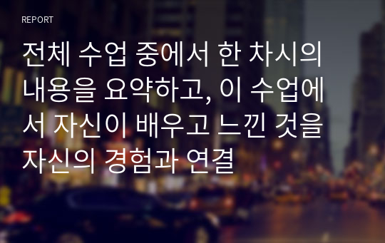 전체 수업 중에서 한 차시의 내용을 요약하고, 이 수업에서 자신이 배우고 느낀 것을 자신의 경험과 연결