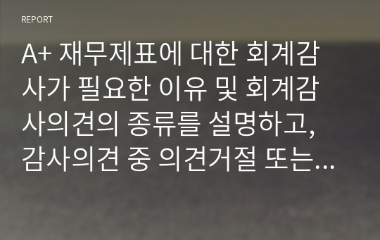 A+ 재무제표에 대한 회계감사가 필요한 이유 및 회계감사의견의 종류를 설명하고, 감사의견 중 의견거절 또는 부정적의견이 제시된 사례를 찾아 1가지만 제시하시오.