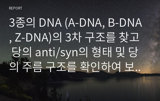 3종의 DNA (A-DNA, B-DNA, Z-DNA)의 3차 구조를 찾고 당의 anti/syn의 형태 및 당의 주름 구조를 확인하여 보고서를 제출하시오.