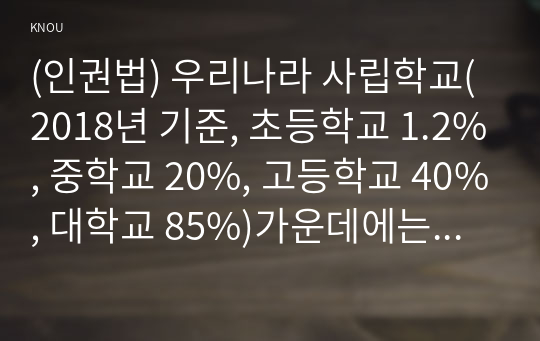 (인권법) 우리나라 사립학교(2018년 기준, 초등학교 1.2%, 중학교 20%, 고등학교 40%, 대학교 85%)가운데에는 종교재단