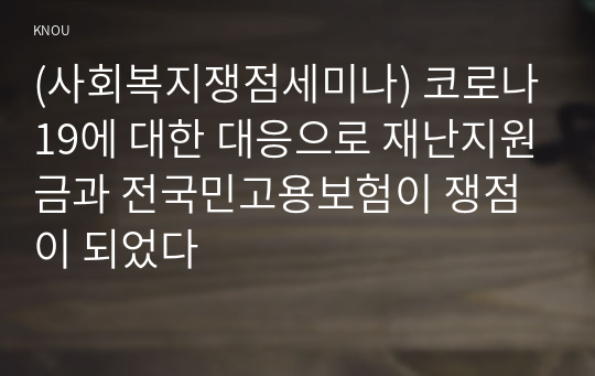 (사회복지쟁점세미나) 코로나19에 대한 대응으로 재난지원금과 전국민고용보험이 쟁점이 되었다