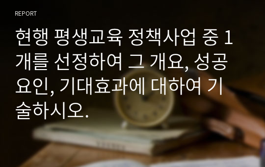 현행 평생교육 정책사업 중 1개를 선정하여 그 개요, 성공요인, 기대효과에 대하여 기술하시오.