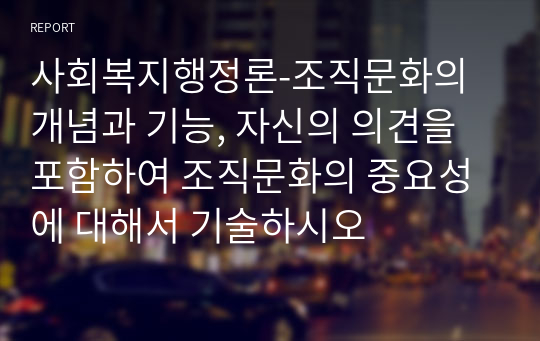 사회복지행정론-조직문화의 개념과 기능, 자신의 의견을 포함하여 조직문화의 중요성에 대해서 기술하시오