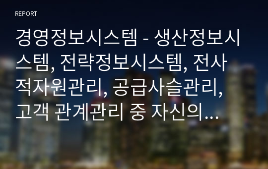 경영정보시스템 - 생산정보시스템, 전략정보시스템, 전사적자원관리, 공급사슬관리, 고객 관계관리 중 자신의 관심 분야 하나를 택한 후 다음 형식을 따라 서술하시오.