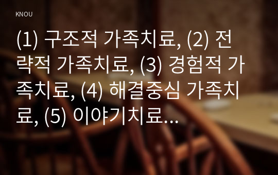 (1) 구조적 가족치료, (2) 전략적 가족치료, (3) 경험적 가족치료, (4) 해결중심 가족치료, (5) 이야기치료 이론의 기본 원리, 치료 목표, 개입 기법을 설명하고, 어떤 상황에서 각 치료 이론의 개념과 개입기법이 잘 적용될 수 있는지 예를 들어 설명하시오