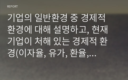 기업의 일반환경 중 경제적 환경에 대해 설명하고, 현재기업이 처해 있는 경제적 환경(이자율, 유가, 환율, 물가 등)에 대해 사례와 함께 설명하시오