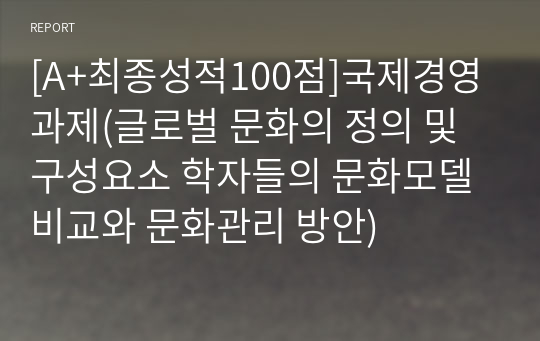 [A+최종성적100점]국제경영 과제(글로벌 문화의 정의 및 구성요소 학자들의 문화모델 비교와 문화관리 방안)