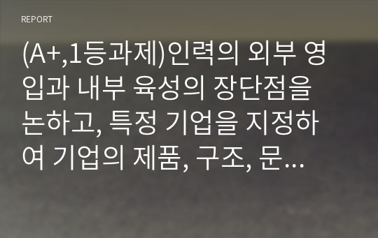 (A+,1등과제)인력의 외부 영입과 내부 육성의 장단점을 논하고, 특정 기업을 지정하여 기업의 제품, 구조, 문화 등과 관련하여 선택한 기업에 있어 어떠한 인력유동 시스템이 적합한지를 논하시오.