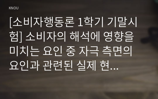 [소비자행동론 1학기 기말시험] 소비자의 해석에 영향을 미치는 요인 중 자극 측면의 요인과 관련된 실제 현상 한 가지를 제시하며 학습한 이론을 근거로 설명하시오.  / 코로나-19 사태와 관련된 주관적 규범(subjective norm)이 본인의 구매행동에 영향을 미친 경험을 제시하고 합리적 행동이론(TORA)을 적용하여 설명하시오.