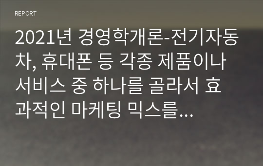 2021년 경영학개론-전기자동차, 휴대폰 등 각종 제품이나 서비스 중 하나를 골라서 효과적인 마케팅 믹스를 생각해보자 (1)