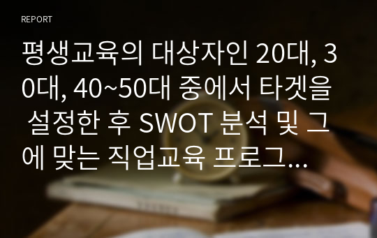 평생교육의 대상자인 20대, 30대, 40~50대 중에서 타겟을 설정한 후 SWOT 분석 및 그에 맞는 직업교육 프로그램을 설계하시오