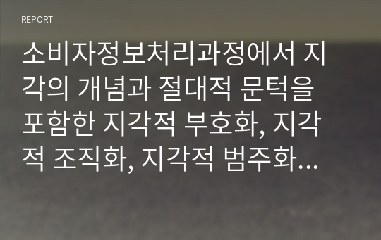 소비자정보처리과정에서 지각의 개념과 절대적 문턱을 포함한 지각적 부호화, 지각적 조직화, 지각적 범주화에 대하여 설명하시오.