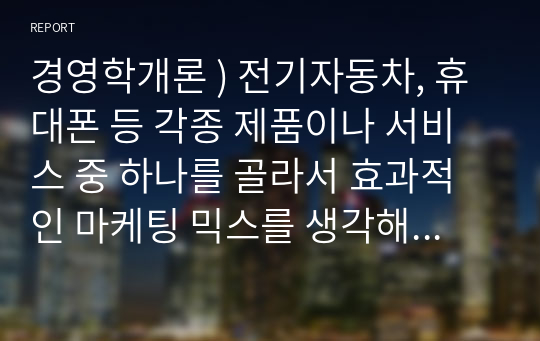 경영학개론 ) 전기자동차, 휴대폰 등 각종 제품이나 서비스 중 하나를 골라서 효과적인 마케팅 믹스를 생각해보자.