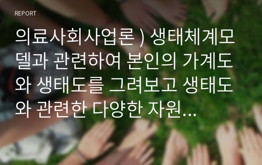 의료사회사업론 ) 생태체계모델과 관련하여 본인의 가계도와 생태도를 그려보고 생태도와 관련한 다양한 자원을 서술하시오.