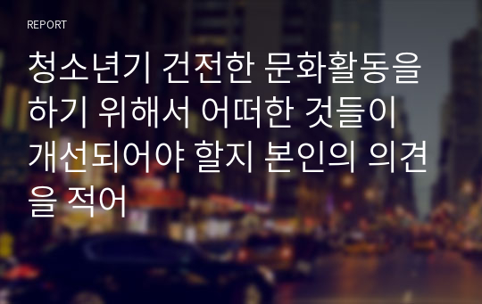 청소년기 건전한 문화활동을 하기 위해서 어떠한 것들이 개선되어야 할지 본인의 의견을 적어