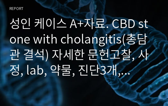 성인 케이스 A+자료. CBD stone with cholangitis(총담관 결석) 자세한 문헌고찰, 사정, lab, 약물, 진단3개, 과정3개