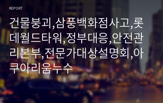 건물붕괴,삼풍백화점사고,롯데월드타워,정부대응,안전관리본부,전문가대상설명회,아쿠아리움누수