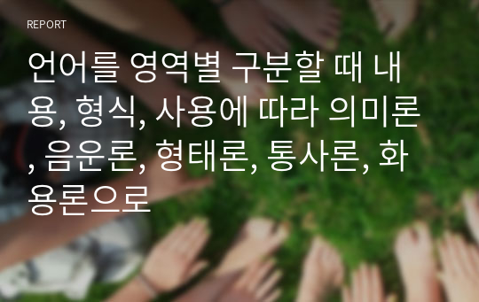 언어를 영역별 구분할 때 내용, 형식, 사용에 따라 의미론, 음운론, 형태론, 통사론, 화용론으로