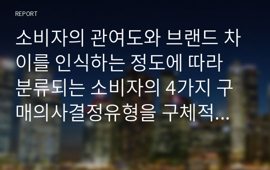 소비자의 관여도와 브랜드 차이를 인식하는 정도에 따라 분류되는 소비자의 4가지 구매의사결정유형을 구체적인 사례를 들어 개념