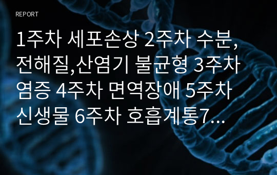 1주차 세포손상 2주차 수분,전해질,산염기 불균형 3주차 염증 4주차 면역장애 5주차 신생물 6주차 호흡계통7주차 심혈관 질환 질환