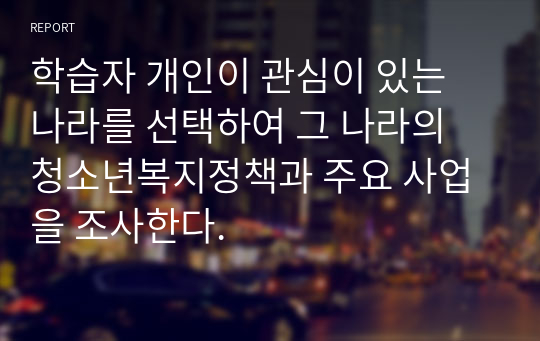 학습자 개인이 관심이 있는 나라를 선택하여 그 나라의 청소년복지정책과 주요 사업을 조사한다.