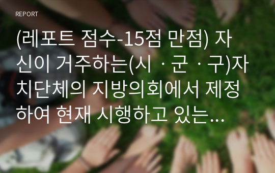 (레포트 점수 만점 자료 - 거의 모든 지역 적용 가능) 자신이 거주하는(시ㆍ군ㆍ구)자치단체의 지방의회에서 제정하여 현재 시행하고 있는 사회복지관련 조례1개를 조사하고, 조사한 조례의 각 조항에 입각한 조례의 문제점과 개선점에 대해 자신의 의견을 기술하시오.