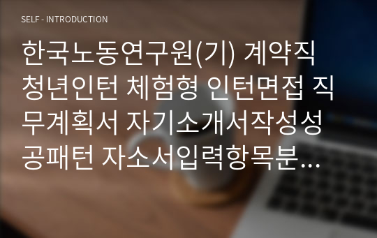 한국노동연구원(기) 계약직 청년인턴 체험형 인턴면접 직무계획서 자기소개서작성성공패턴 자소서입력항목분석 지원동기작성요령