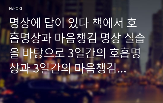 명상에 답이 있다 책에서 호흡명상과 마음챙김 명상 실습을 바탕으로 3일간의 호흡명상과 3일간의 마음챙김 명상 경험내용을 신체적 감각 경험, 정서적 경험, 인지적 경험으로 나누어 세부적으로 기술한다.