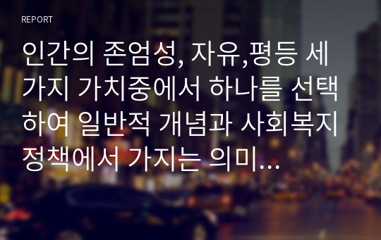 인간의 존엄성, 자유,평등 세가지 가치중에서 하나를 선택하여 일반적 개념과 사회복지정책에서 가지는 의미를 설명하고