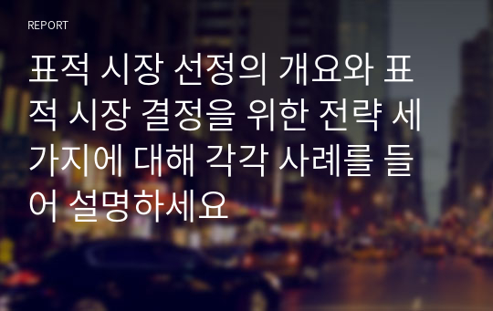 표적 시장 선정의 개요와 표적 시장 결정을 위한 전략 세 가지에 대해 각각 사례를 들어 설명하세요