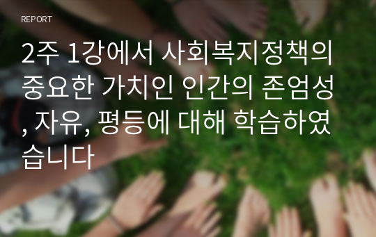 2주 1강에서 사회복지정책의 중요한 가치인 인간의 존엄성, 자유, 평등에 대해 학습하였습니다