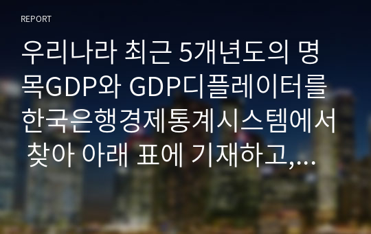 우리나라 최근 5개년도의 명목GDP와 GDP디플레이터를 한국은행경제통계시스템에서 찾아 아래 표에 기재하고, 실질 GDP와 실질성장률을 산출하여 아래표를 완성하고, 그 추이를 분석한 후 본인의 의견을 제시하시오