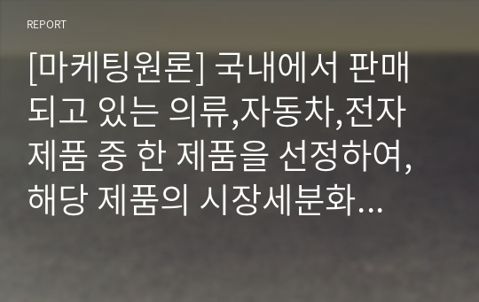 [마케팅원론] 국내에서 판매되고 있는 의류,자동차,전자제품 중 한 제품을 선정하여, 해당 제품의 시장세분화,표적시장 선정,포지셔닝을 각 단계별로 설명하시오