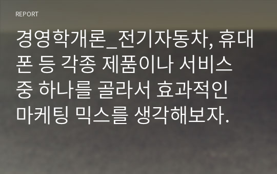 경영학개론_전기자동차, 휴대폰 등 각종 제품이나 서비스 중 하나를 골라서 효과적인 마케팅 믹스를 생각해보자.