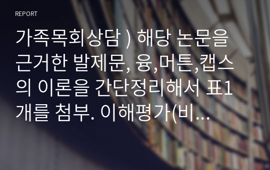 가족목회상담 ) 해당 논문을 근거한 발제문, 융,머튼,캡스의 이론을 간단정리해서 표1개를 첨부. 이해평가(비판포함)적용의 파트 반드시 포함