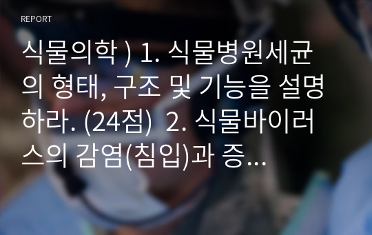 식물의학 ) 1. 식물병원세균의 형태, 구조 및 기능을 설명하라. (24점)  2. 식물바이러스의 감염(침입)과 증식의 과정을 설명하라. (6점)