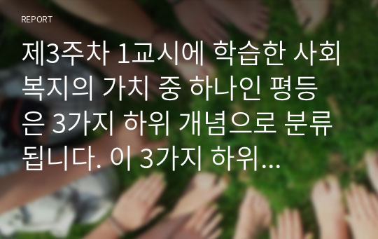 제3주차 1교시에 학습한 사회복지의 가치 중 하나인 평등은 3가지 하위 개념으로 분류됩니다. 이 3가지 하위개념을 비교,설명