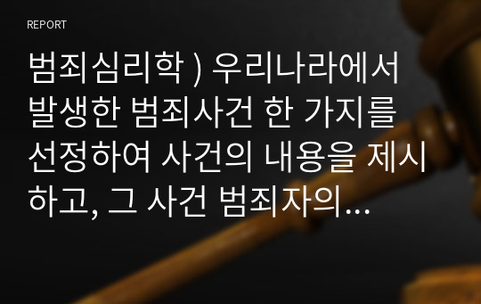 범죄심리학 ) 우리나라에서 발생한 범죄사건 한 가지를 선정하여 사건의 내용을 제시하고, 그 사건 범죄자의 심리를 수업시간에 배운 내용들을 활용하여 분석하시오