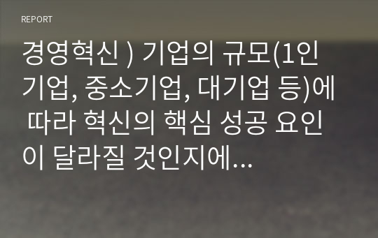 경영혁신 ) 기업의 규모(1인 기업, 중소기업, 대기업 등)에 따라 혁신의 핵심 성공 요인이 달라질 것인지에 대한 자신의 의견과 그에 대한 이유가 무엇인지 사례를 들어 설명하시오. 외 7건