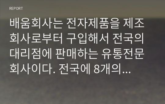 배움회사는 전자제품을 제조회사로부터 구입해서 전국의 대리점에 판매하는 유통전문회사이다. 전국에 8개의 영업소를 두고 있으며 직원은 200명이다. 1년의 매출은 300억원이며 거래처 수는 500곳이다. 회사의 회계기록은 본사의 전산부에서 중형컴퓨터를 이용하여 처리하고 있다. 사장은 최근의 전산 부서의 한 직원이 부정에 연루되어 해고를 했는데 이 직원은 주말에