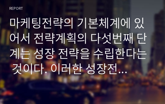 마케팅전략의 기본체계에 있어서 전략계획의 다섯번째 단계는 성장 전략을 수립한다는 것이다. 이러한 성장전략에는 집중적 성장과 다각화 성장 그리고 통합적 성장전략 등이 있다