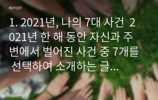 1. 2021년, 나의 7대 사건  2021년 한 해 동안 자신과 주변에서 벌어진 사건 중 7개를 선택하여 소개하는 글을 쓰시오.2. 나의 멘토에게 쓰는 편지 자신이 가장 닮고 싶은 사람, 혹은 인생의 선배이자 충고자 중 한 사람을 수신자로 선택하여 편지글을 쓰시오.(글쓰기 워크북, 150~151쪽 참고)