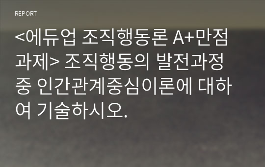 &lt;에듀업 조직행동론 A+만점과제&gt; 조직행동의 발전과정 중 인간관계중심이론에 대하여 기술하시오.